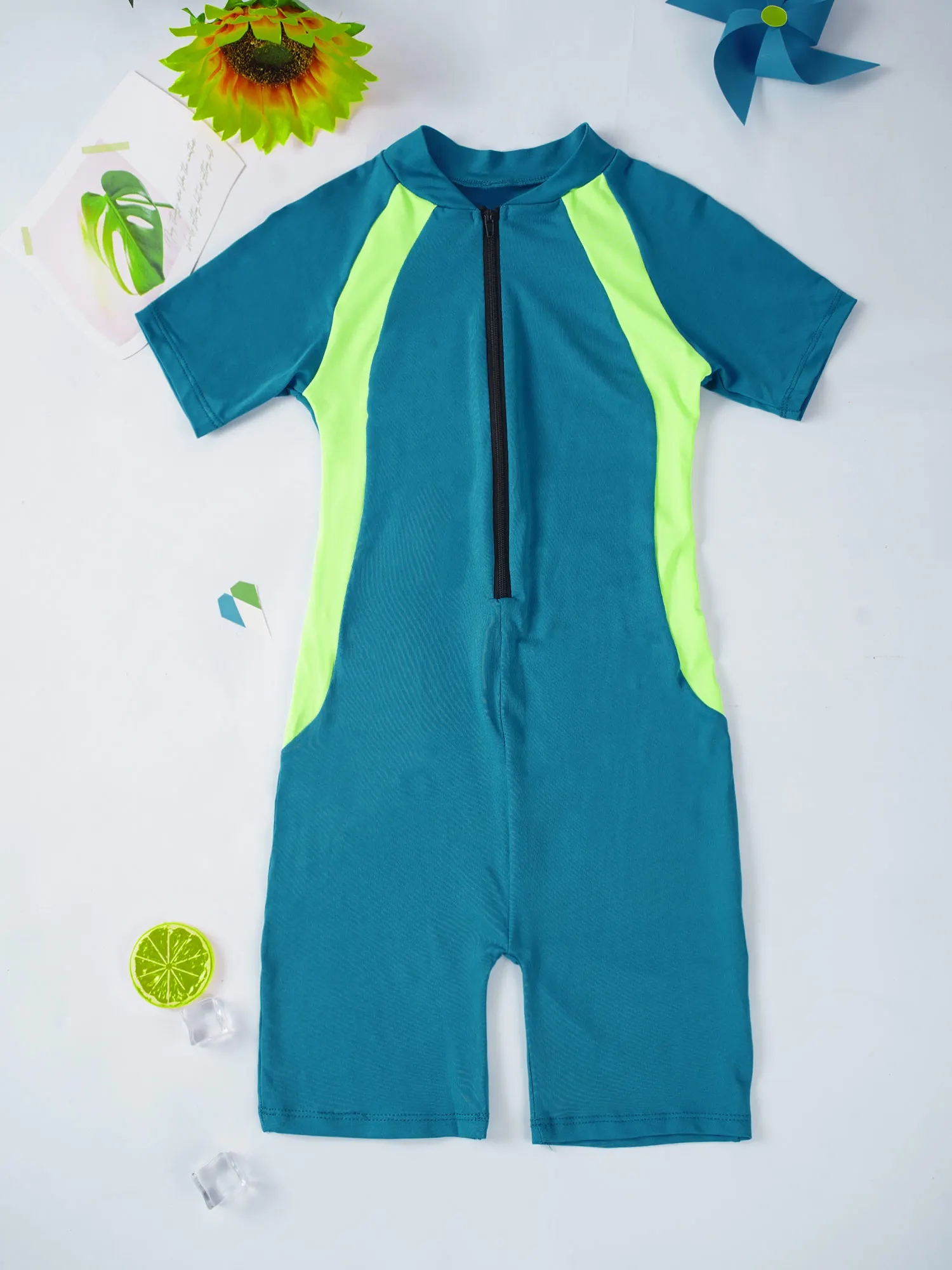 Children Rash Guard Swimsuit Zippered Shorty Wetsuit One-piece Short Sleeves Swimwear Kids Girls Surfing Swimming Bathing Suit