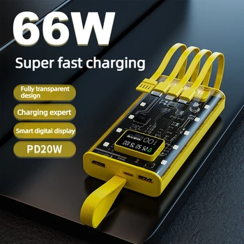 Power Bank Trasparente da 20000mAh con Ricarica Super Veloce, Cavo Integrato, Display Digitale e Batteria a Grande Capacità per iPhone 17 16