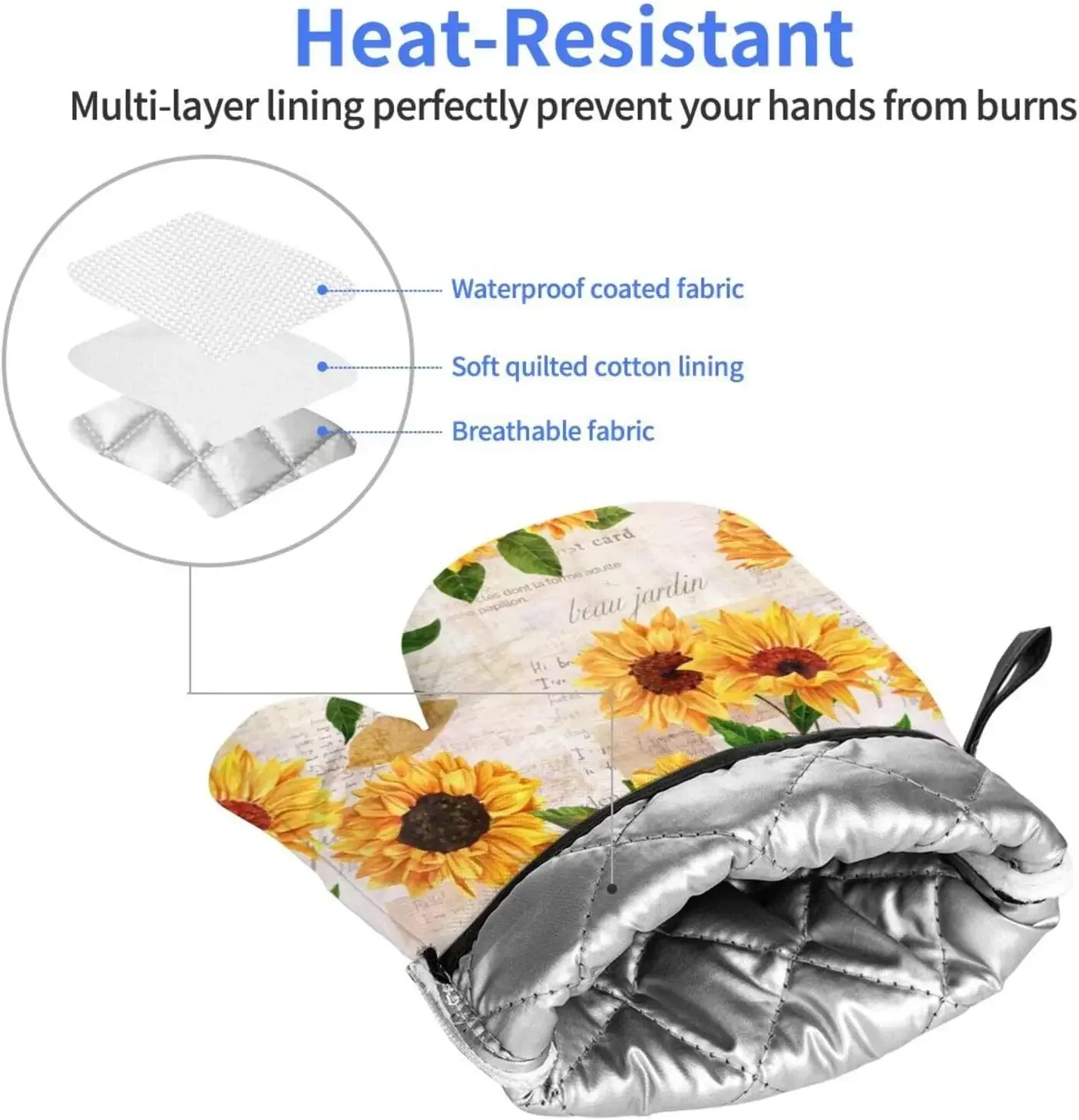 2pcs Sunflower Floral Print Oven Mitts Heat Resistant Kitchen Waterproof Gloves with Inner Cotton Layer For Cooking BBQ silicone oven mitts kitchen gloves cotton pot holders