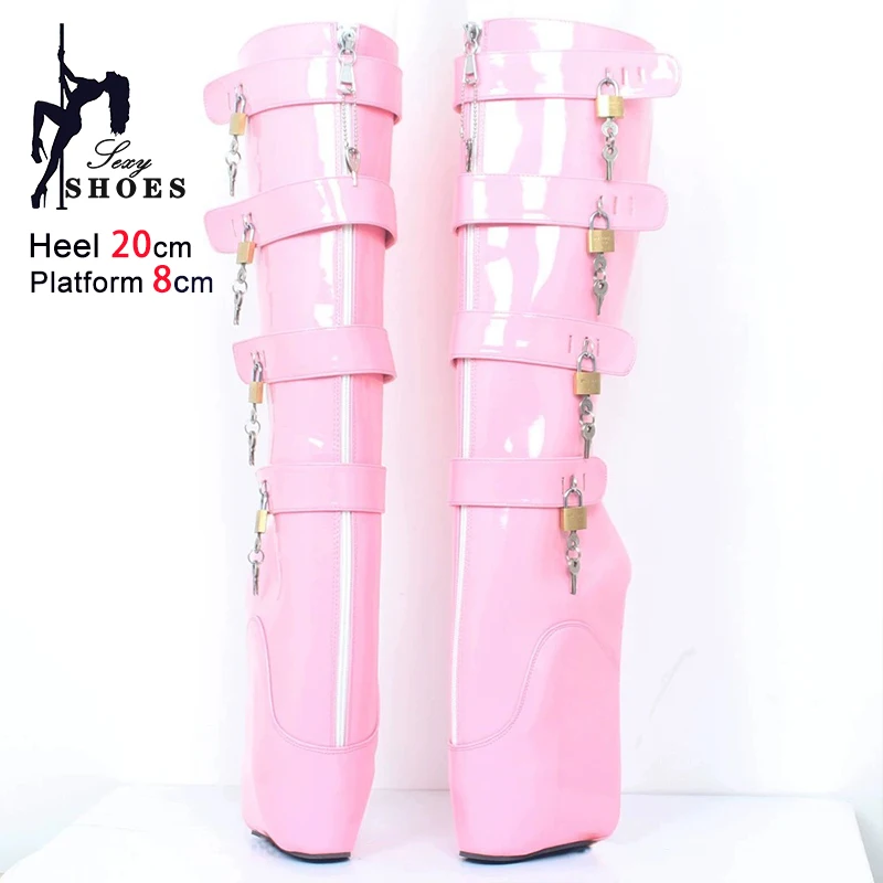 Size 46 Ballet Boots Women 20CM Super High Hoof Heelless Platform Shoes Sexy Wedge Heel Lockable Fetish Knee High SM Slave Boots