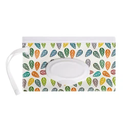 Portable Baby Wipe Pouch with Cute Snap - Strap for Stroller - Refillable and Durable EVA Flip Cover (Leaf)