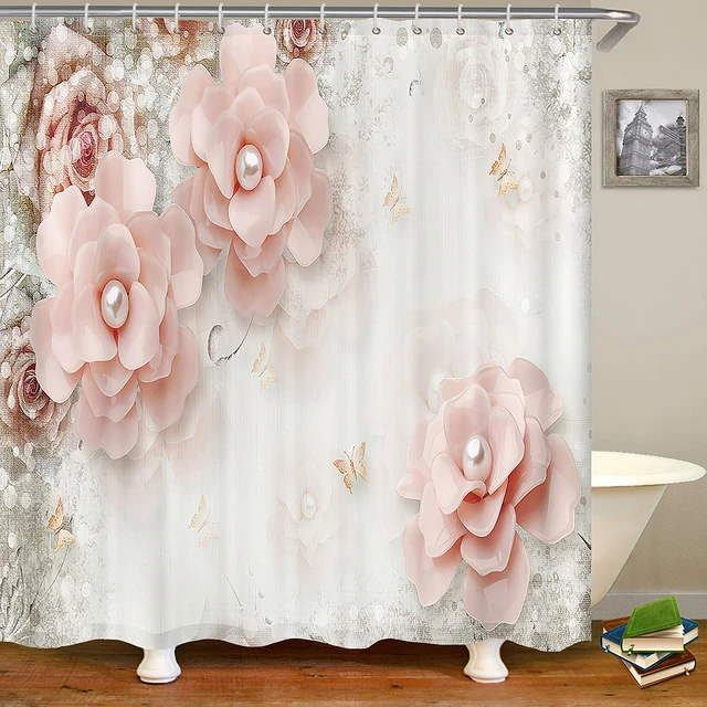 Girl Pink Pearl Flower Rose Wedding Polyester Modern Shower Curtain Set for Bathroom  Bath Waterproof Fabric with 12 Hooks Decor - AliExpress