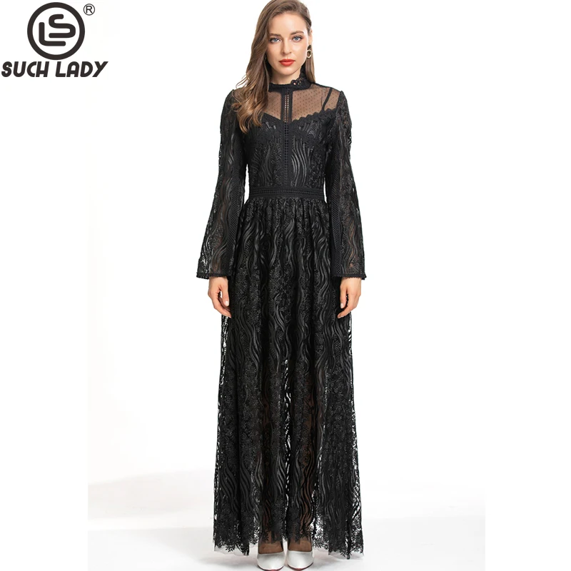

Women's Dresses O Neck Long Flare Sleeves Embroidery Lace Elegant Fashion Desinger Runway Vestidos Prom Gown