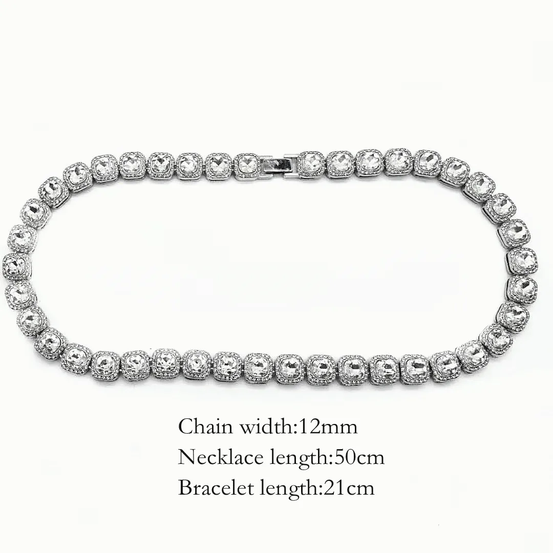 Top Brand 12mm Necklace +Watch+Bracelet Tennis Hip Hop Miami Curb Cuban Chain Iced Out Paved Rhinestones Women Men's Jewelry Set