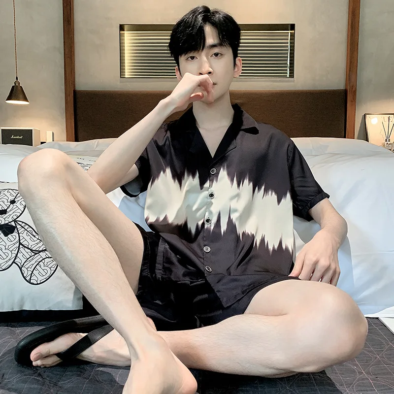 

Men's Summer Pajama Set Short-Sleeved Shorts Thin Cool Sleepwear Male Turn-Down Collar Homewear Suit Home Clothes