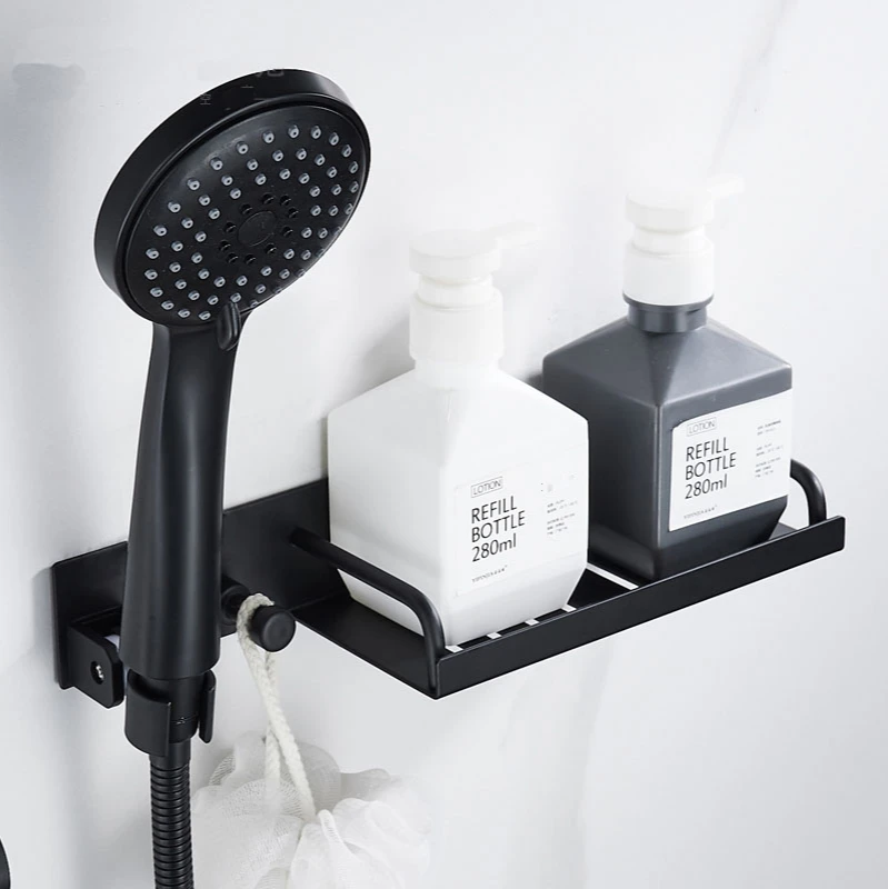 

Punch-Free Bathroom Shelf With Shower Head Holder Multi-Function Bath Shampoo Bracket Space Aluminum Base Wall Seat Paint