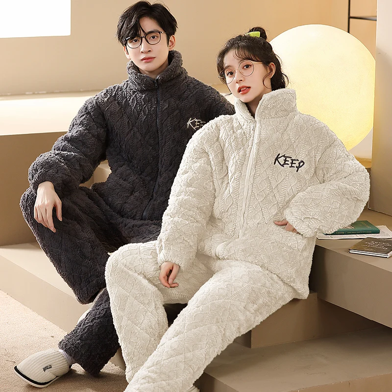 

Korean Winter Zipper Pajamas Set Flannel Homewear Women and Men Matching Pjs Pyjamas Couples Sleepwear Coral Fleece Loungewear