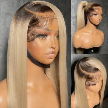 Ombre Brown Roots Ash Blonde Wig 13x4 HD Straight Lace Front Wig Human Hair 200 Density Human Hair Wig for Women Beginners 1