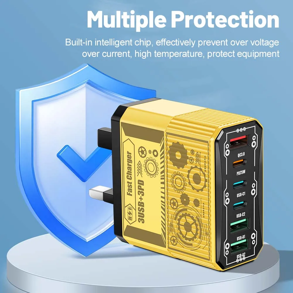 25W 3USB+3PD Charger 6 Ports Fast Charging QC3.0 Type C Mobile Phone Wall Adapter for iPhone Xiaomi Samsung EU/US/UK Plug