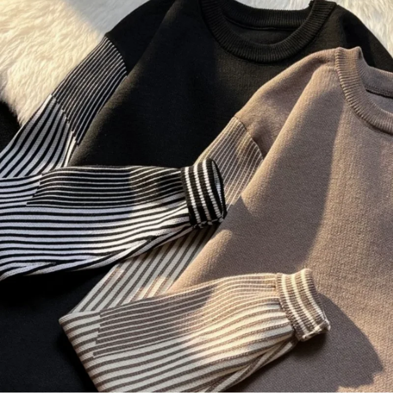 Men's Round Neck Knitted Sweater 2024 Spring New Korean Striped Patchwork Pullover Sweater Loose Handsome Men Clothing D0021