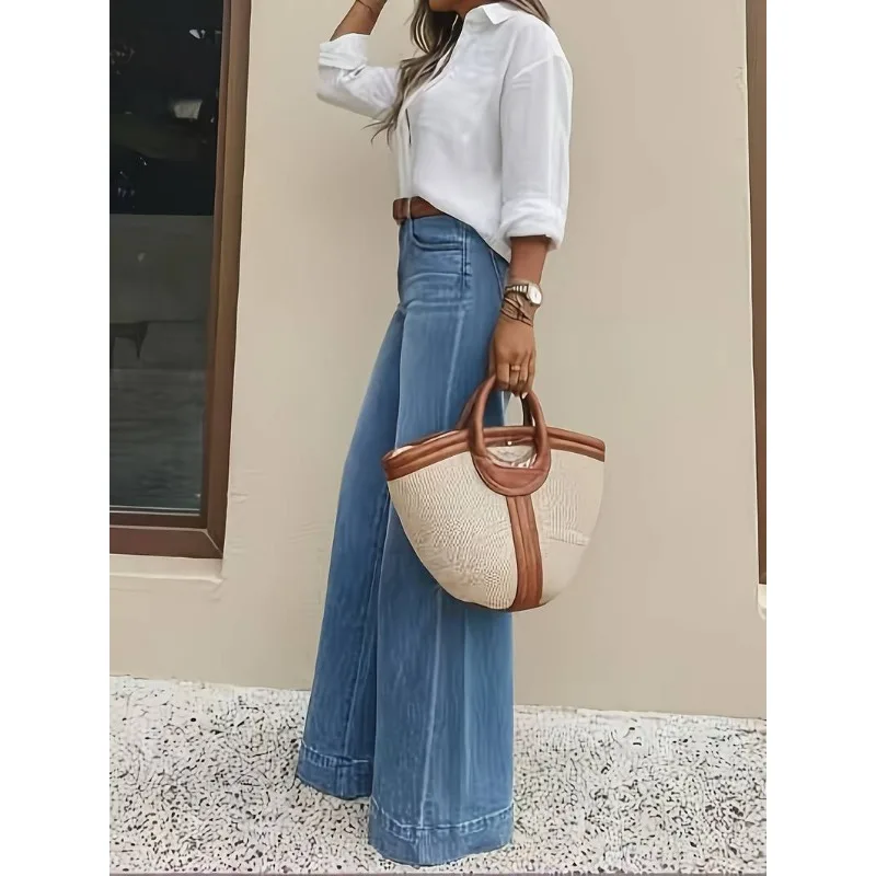 Jean large taille haute décontracté pour femme, style urbain bleu, coupe ample, en denim élastique, confortable, effet délavé 2026