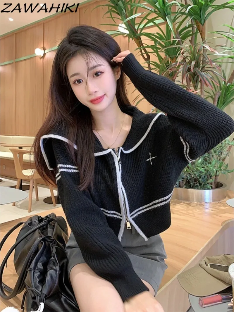 

Spring Autumn Sailor Collar Letter Embroidery Zip-up Contrast Color Slim Sweaters for Women Y2K Aesthetic Chic Knitted Cardigan