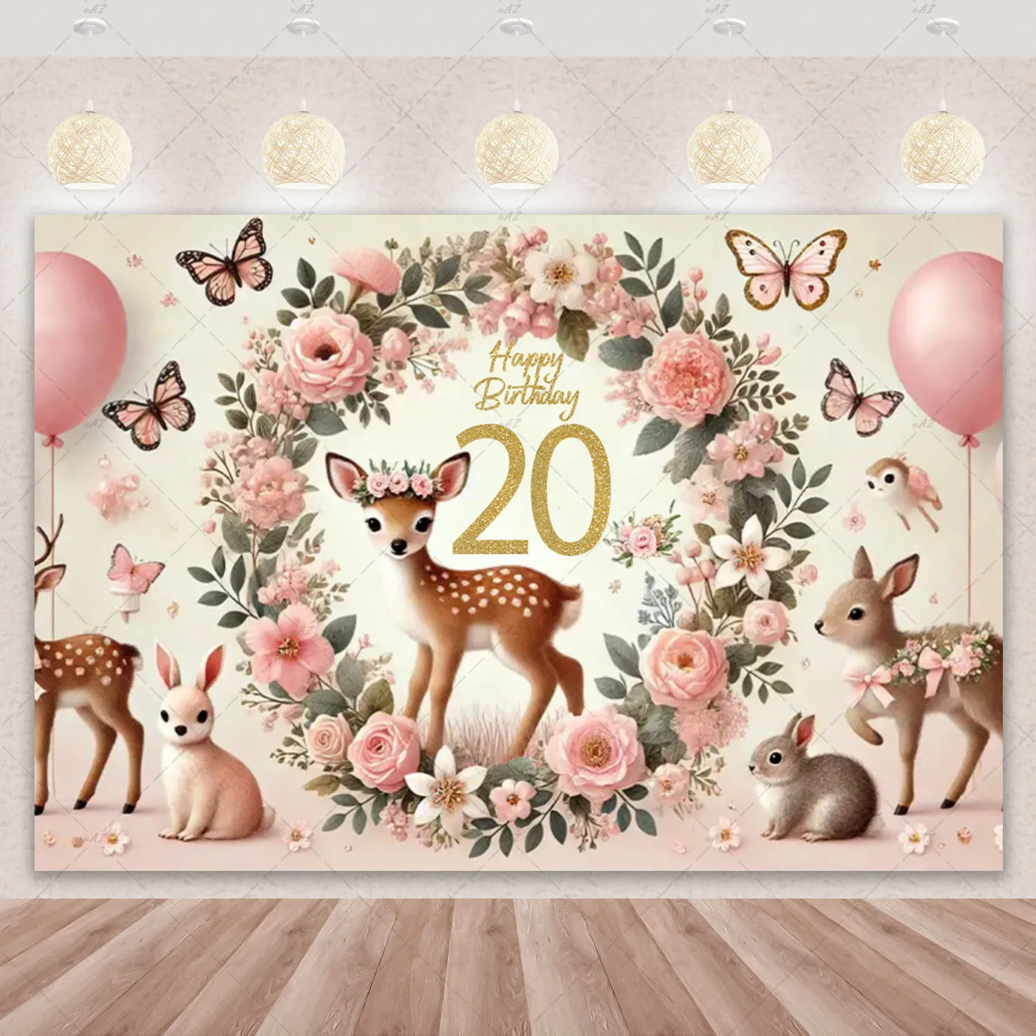 Niedlicher Hirsch-Hintergrund, Blumen- und Rehkitz-Geburtstagsparty-Dekorationen, individuelle funkelnde Zahl, wunderschönes Dschungel-Banner mit wilden Tieren – Detail 28