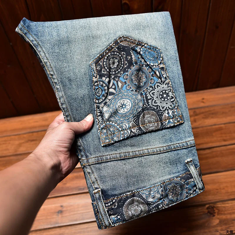 Vintage Jeans Men's Slim Fit Skinny Pants Ripped Print Contrast Color Elastic Trend Design Street Cool Men's Pants Long