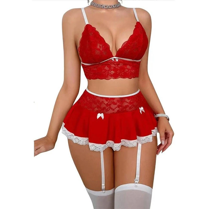 Hot Cosplay Uniform Open Bra Fantasy Miniskirt Nightwear Garter Bra Sets Sexy Costumes Women's Outfit Lingеrie Set