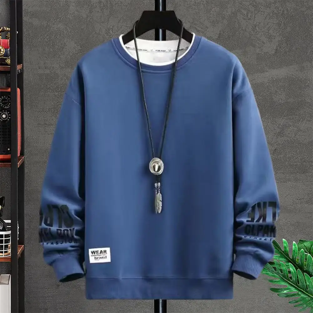 Fall Winter Men Sweatshirt Round Neck Loose Mid Length Thick Sweatshirt Elastic Cuff Fake Two-piece Men Top