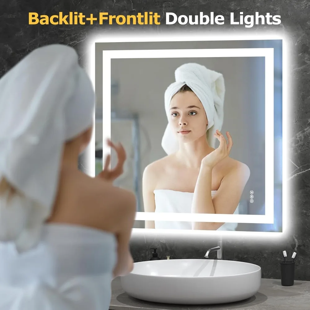 LED Bathroom Mirror Lights 36"x 36" Wall Vanity LED Stepless Dimmable,Double Front and Backlight,Anti-Fog,Memory Smart Mirror
