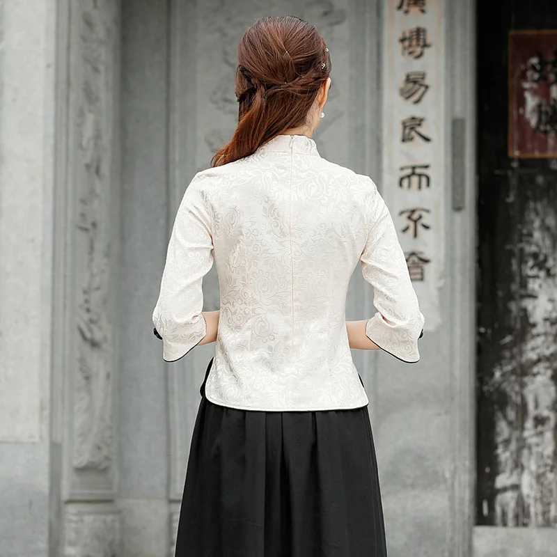 Chinese Style Tang Clothing Female Vintage embroidery Floral Mandarin Collar Shirt Retro Tops Satin Blouse Large Size 3XL- 5XL