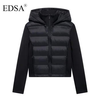 EDSA Women Black Padded Jacket Adjustable Hood with Stoppers High Neck Long Sleeves Side Pockets Winter Warm Top Outerwear