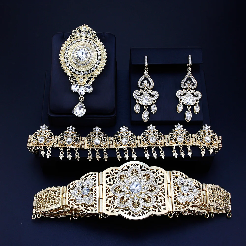 Sunspicems Chic Morocco Bride Jewelry Sets Gold Color Arabic Caftan Belt Brooch Earring Hairchain Wedding Bijoux bridal jewelry sets crystal jewelry sets hair chain jewelry