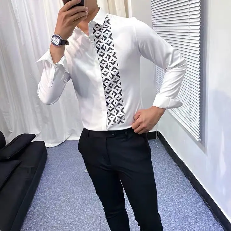 

Men's spring and autumn new British fashion personality printed long sleeve shirt Korean slim Joker trend shirt