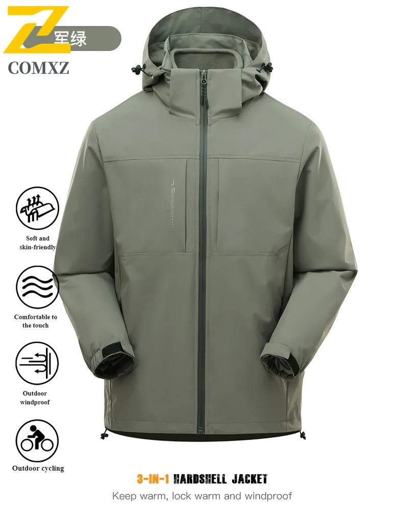 Winter 3-in-1 Couple Windbreaker Jacket Waterproof Windproof Thermal Fleece-Lined Outdoor Hiking Camping Fishing Breathable Coat