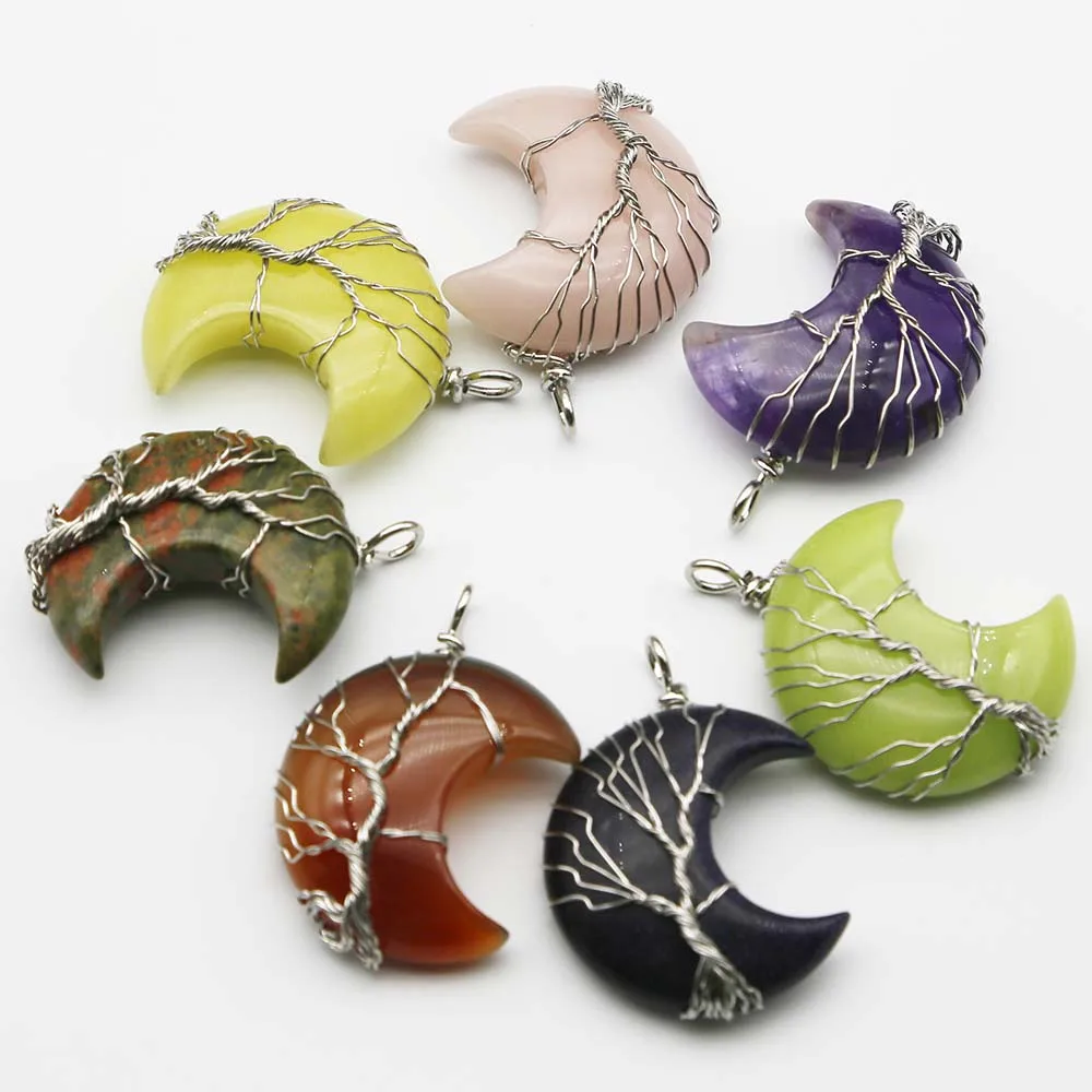 Natural Stone Crystal Agate Moon Necklace Pendant Life Fortune Tree Handmade Silver Winding Wire Fashion Charm Jewelry Gift 4Pcs