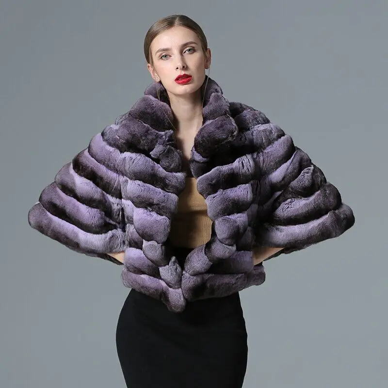 

Purple Rex Rabbit Fur Coat Women Winter Warm Loose Outertwear Lapel Long Sleeve Strip Sewed Natural Real Fur Jacket Lady