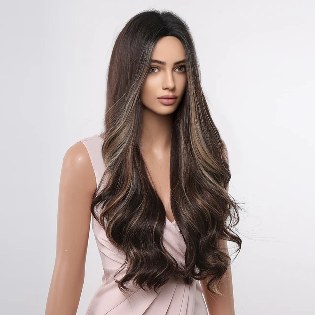 Brown with Blonde Highlight Synthetic Hair Wigs Long Wavy Wig Middle Part for Women Daily Use Party Cosplay Wig Heat Resistant 5
