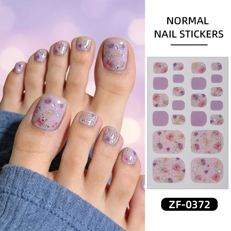 22팁스 여름 꽃 발톱 광택 스티커 그라데이션 플로럴 베이킹 프리 토 네일 스트립 풀 커버 DIY 발 장식 스티커