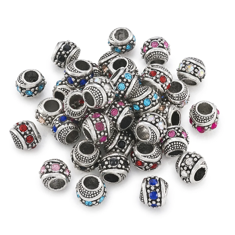 50Pcs Alloy Rhinestone European Beads Mixed Color Rondelle Large Hole Beads Spacer For DIY Charms Bracelet Jewelry Making