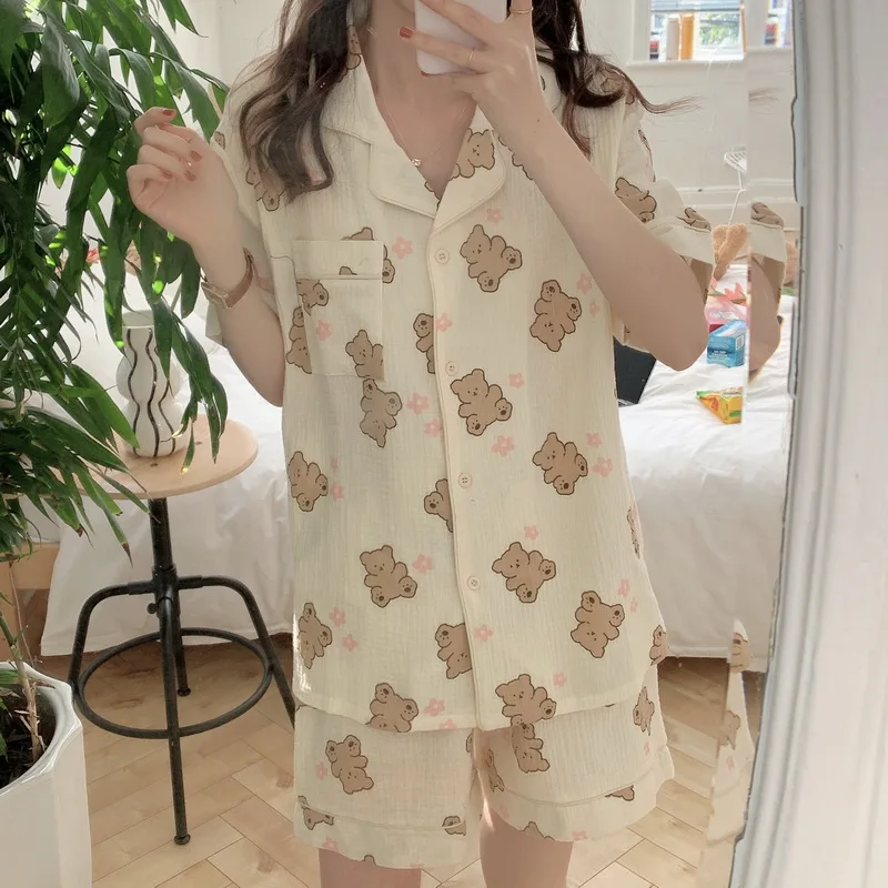 

Bear Cartoon Kawaii Women Pajama Set Flower Print Shorts Sleepwear Home Clothes Summer Pyjama Suit Apricot Blue Cute Crepe D172