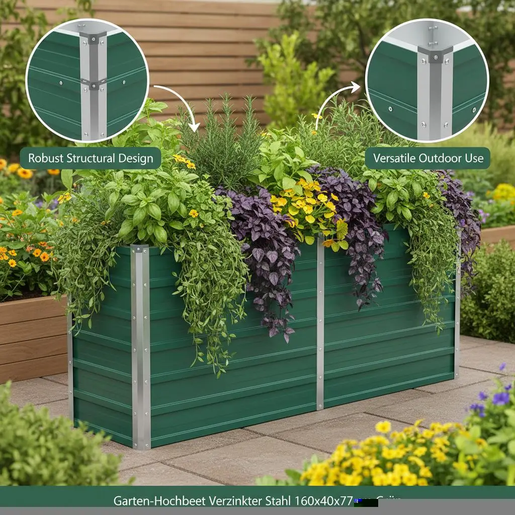 Hochbett für den Garten 160x40x77 cm, verzinkter Stahl, grün, offener Boden – Detail 4