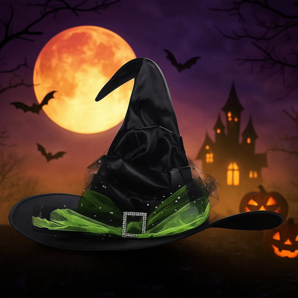 Portable Folds Halloween Witch Hat Satins Gothic Queen Mesh Bow Witch Hat Baroque Cosplay Photo Props Wizard Cap Parties