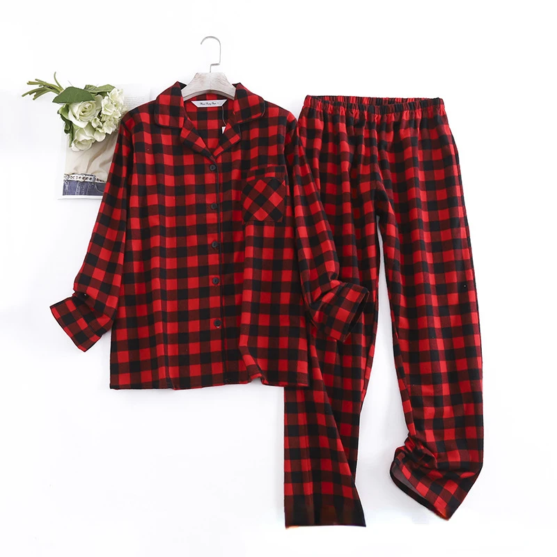 Cotton Flannel Women's Long Pants Pajamas Sets for Sleepwear Plaid Design Loose Autumn and Winter Long Sleeve Trouser Suits women pajamas set women pajama suit cotton pajamas set
