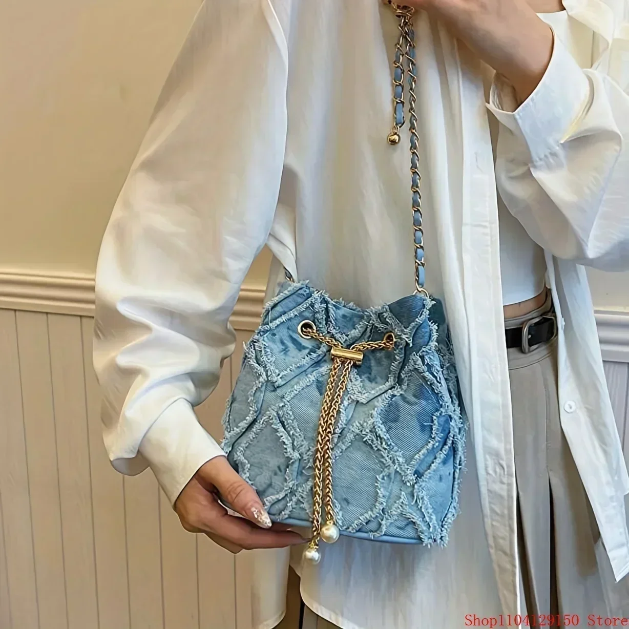 Denim Style Bucket Bag Large Capacity Polyester Lining Drawstring Closure 1pc denim bucket bag
