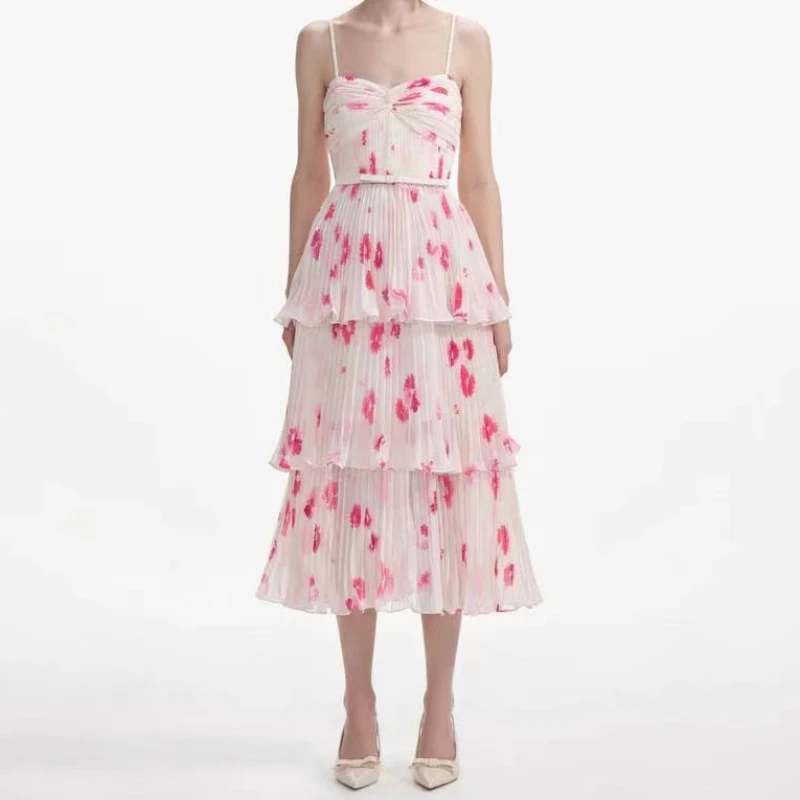 

Sweet White Red Rose Print Sleeveless Strapless Flouncing Self Sashes Sling Midi Dress Camisole Beach Style Holiday 2024