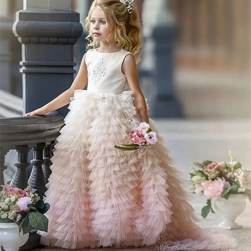 

Flower Girl Dresses For Weddings Sleeveless Tulle Party Dress For Kids Girl Lace Appliques Princess Ball Gown