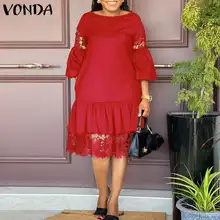 

Women Dress 3 Colors VONDA 2022 Casual O Neck Flare Sleeve Dresses Lace Pleated Baggy Vestidos Lace Patchwork A-Lined Sundress