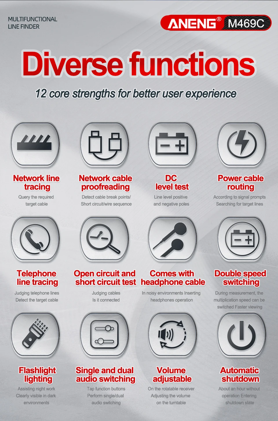 Description Picture 3 of itemANENG M469C Multifunction Network Cable Finder RJ45 RJ11 LAN Cable Tester Networking Tool Trace Measure Network Repair Analyzers