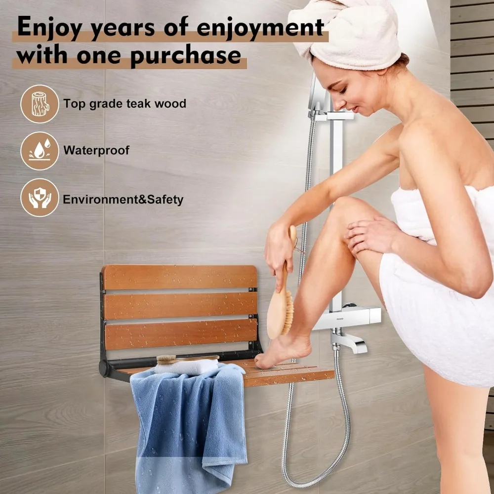 18" Teak Folding Shower Seat Wall Mounted,Fold Down Shower Bench for Shower Space Home Care Teak Wood Stool Aximum Load 380lb 4
