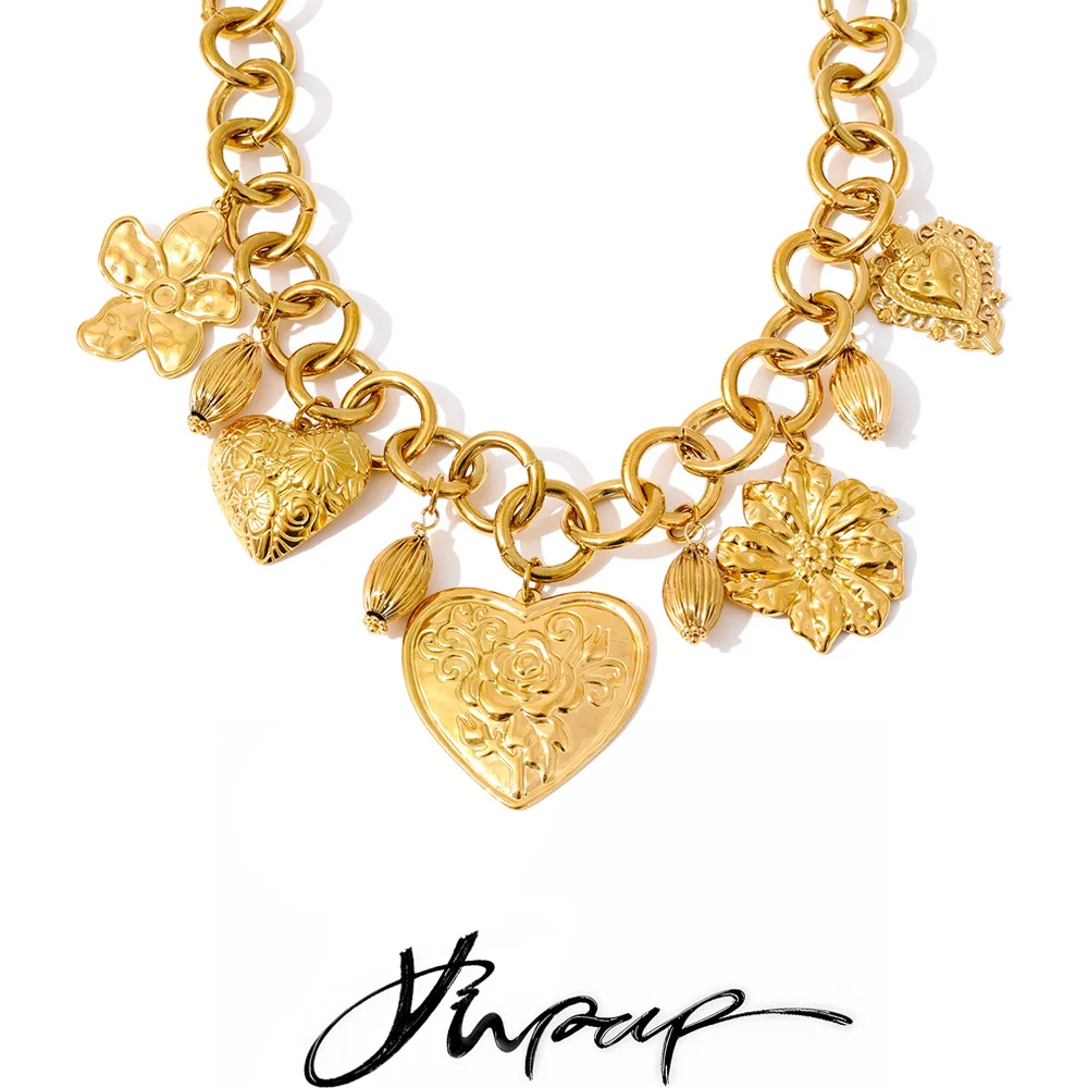 Necklace Statement Steel Heart Charms Drop 18K Golden PVD Plated Waterproof