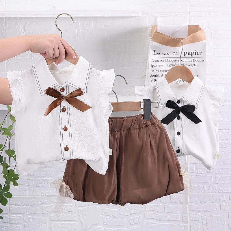 

New Fashion Girls Clothing Summer Bowtie Blouse Top+Lace Bow-knot Shorts 2pcs Suits Ruffles Toddlers Kids Casual Clothes GY03114