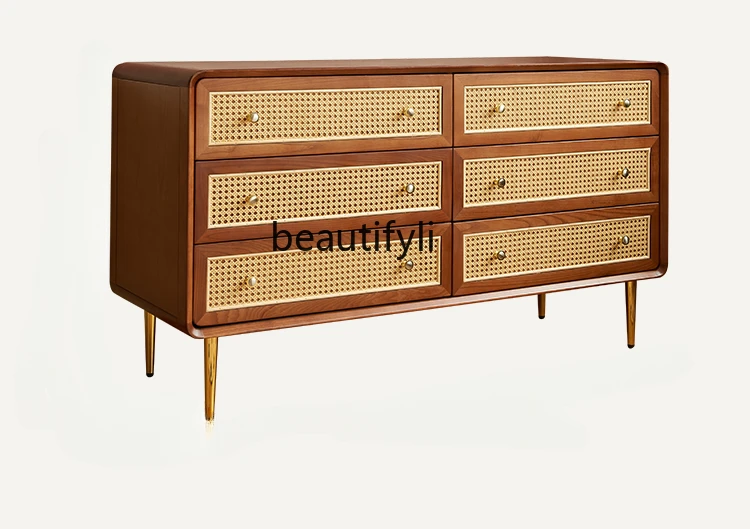 

Retro Chest of Six Drawers Solid Wood Rattan Bedroom Wall Storage Organizer Chest of Drawer Simple Modern Small Apartment