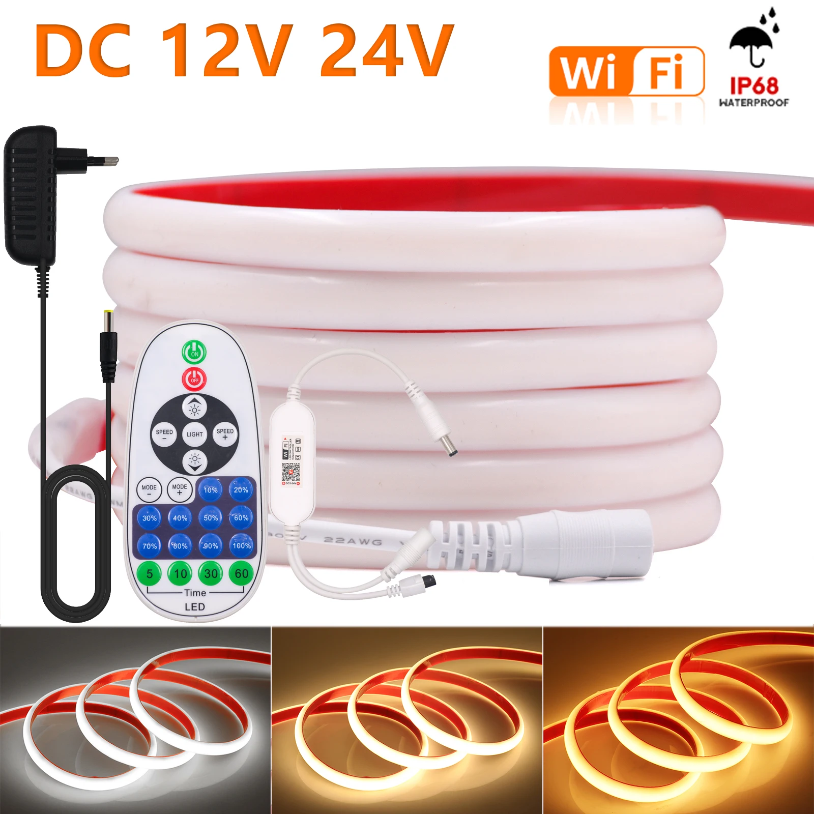 Tuya Wifi COB LED Strip 12V 24V IP68 Waterproof 320LEDs/m Adhesive LED Tape High Density Flexible Ribbon Led Lights For Room