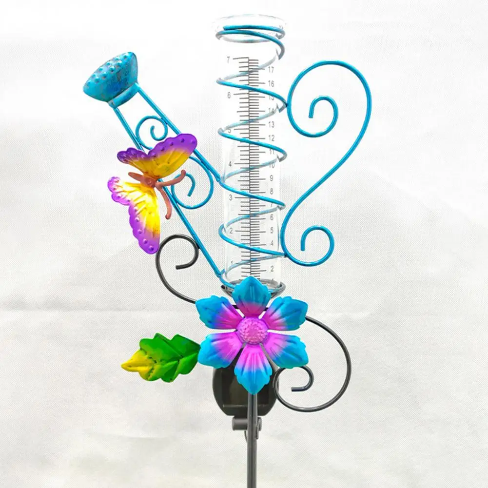 Butterflies Decor Metal Garden Stake All-weather Sloar Powered LED Measuring Tube Long Lasting Rain Gauge for Outdoor