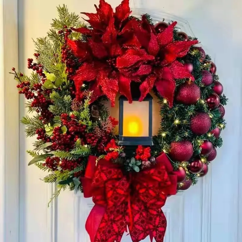 thumbnail image 1 of Corona navideña con lámpara para puerta de entrada, lazo, bola, guirnalda de flores, adornos navideños para colgar en la ventana o la puerta, 1 of 5