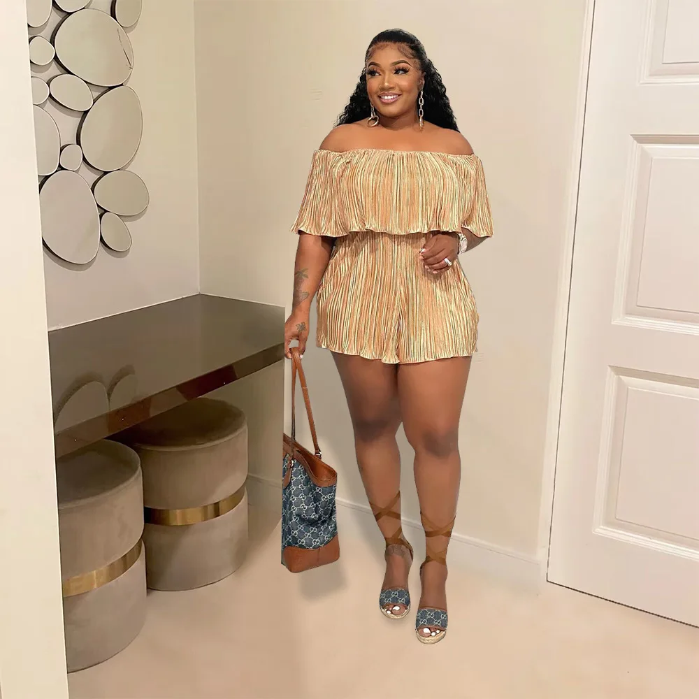 

Fashion Pleated Women Off Shoulder Butterfly Sleeve Jumpsuit 2023 Summer Clothing Solid Casual Sweet Pleated Short Jumpsuit