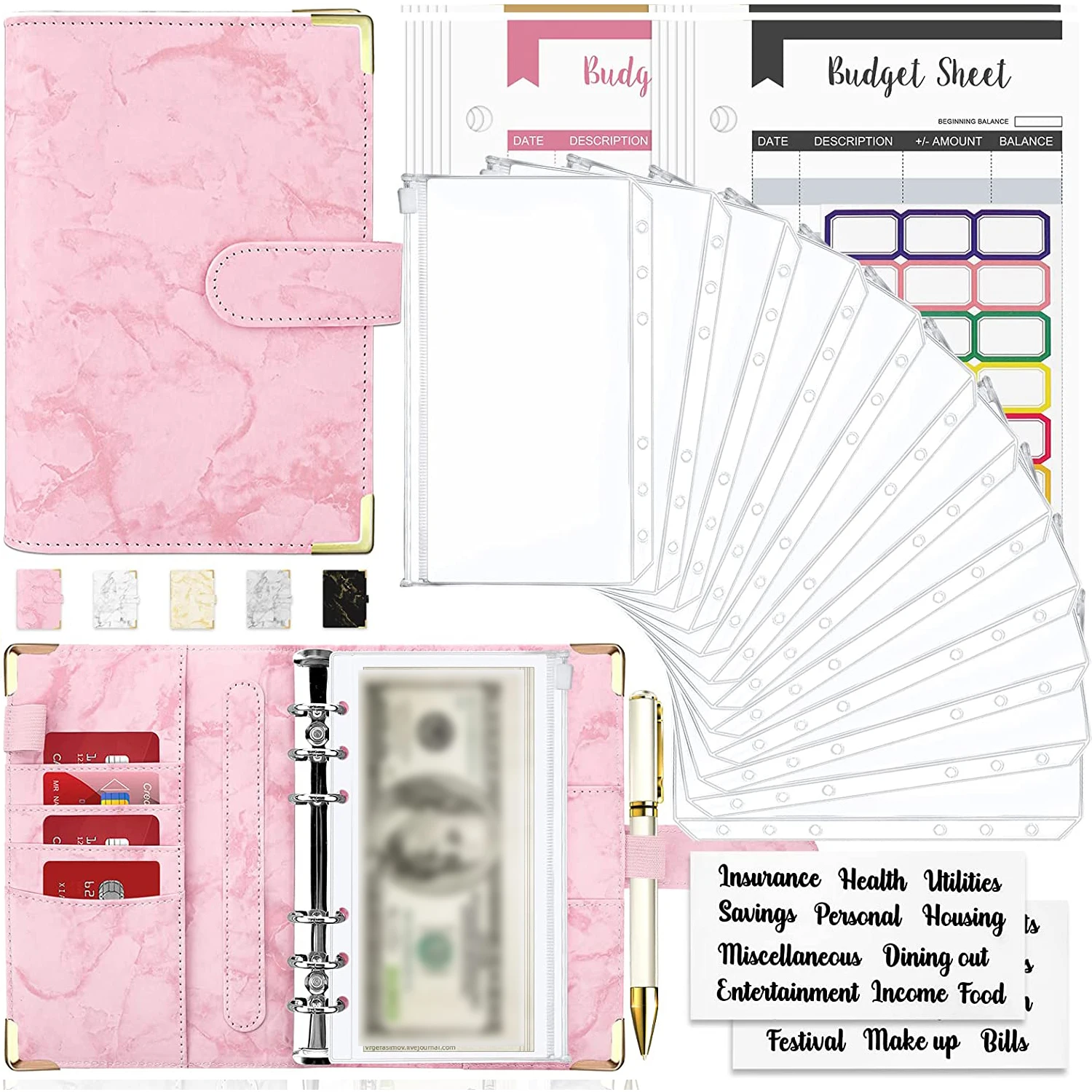 

1pc A6 Marble Print Journal Set With Binder, Blank Sticker, Category Sticker,Binder Pockets, Budget Sheets Billing organizer