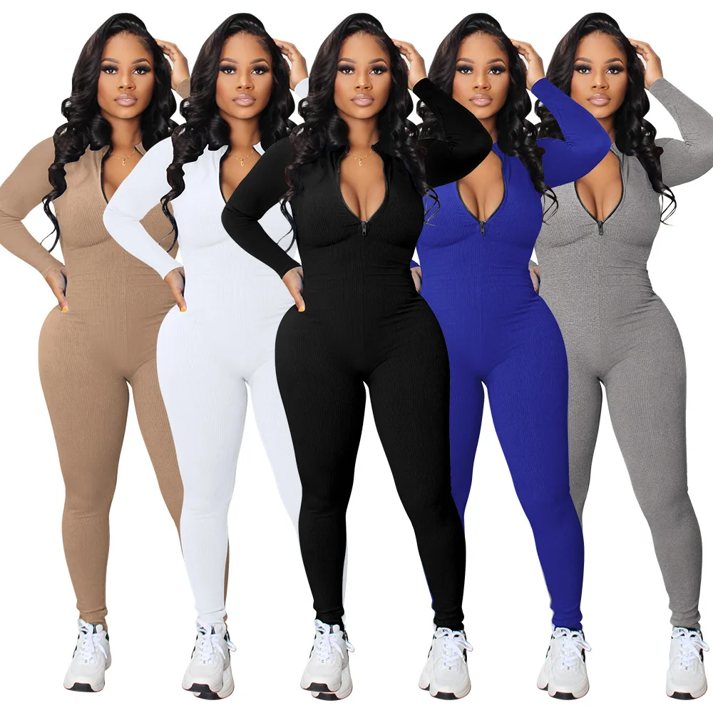 

Women's Yoga One Piece Long Sleeve Bodysuit Spring Workout Tummy Control Pit ZipperJumpsuits Solid Color Long Pant Romper